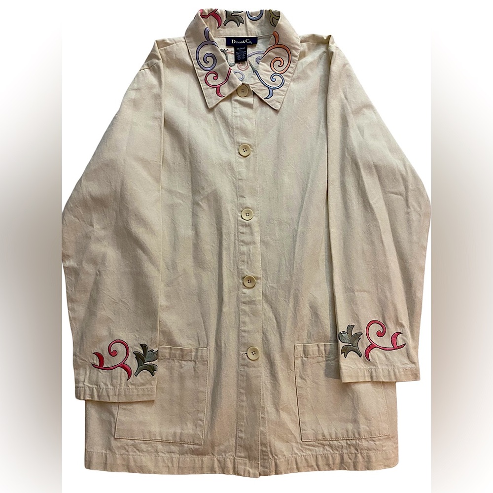 NWT Denim & Co Women’s Beige Painter Jacket Size Medium Pastel Floral Embroidery - Picture 1 of 11